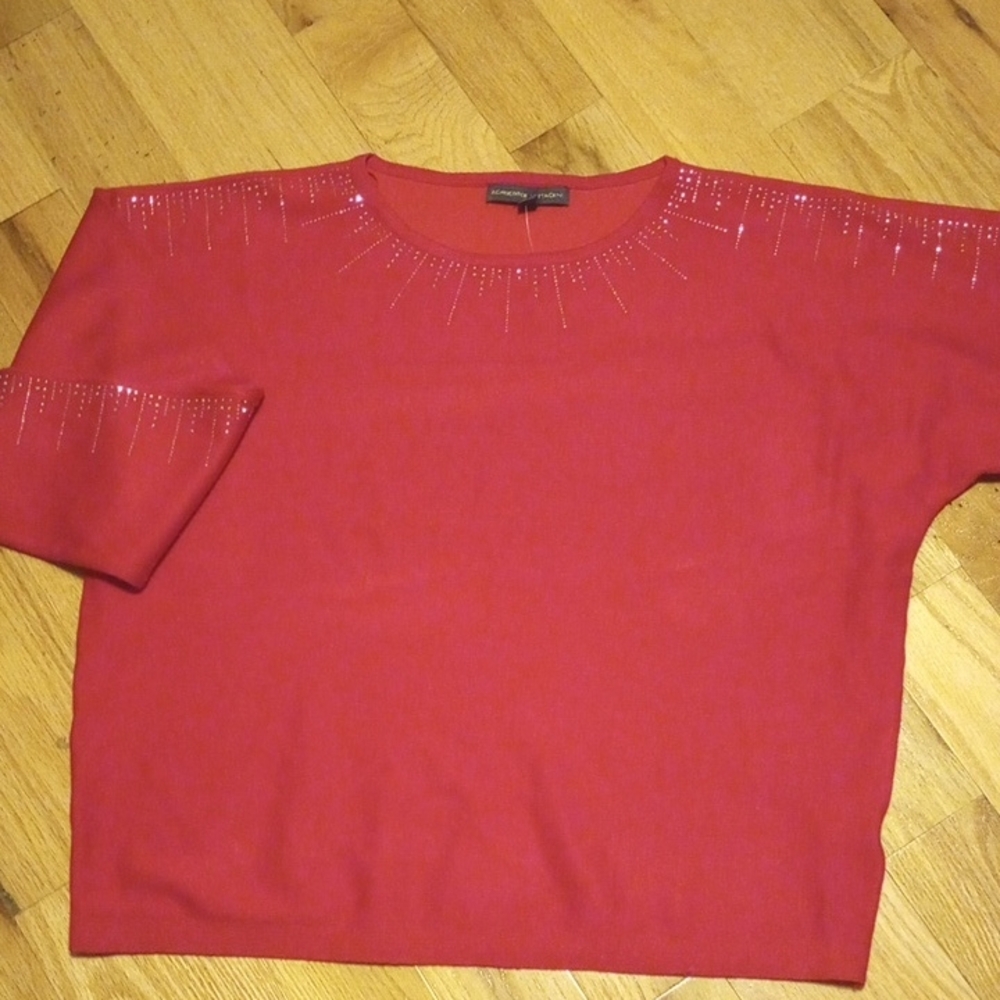 Adrienne Vittadini Red Sweater with Sparkling Neckline And Sides Of Arms - Picture 3 of 6